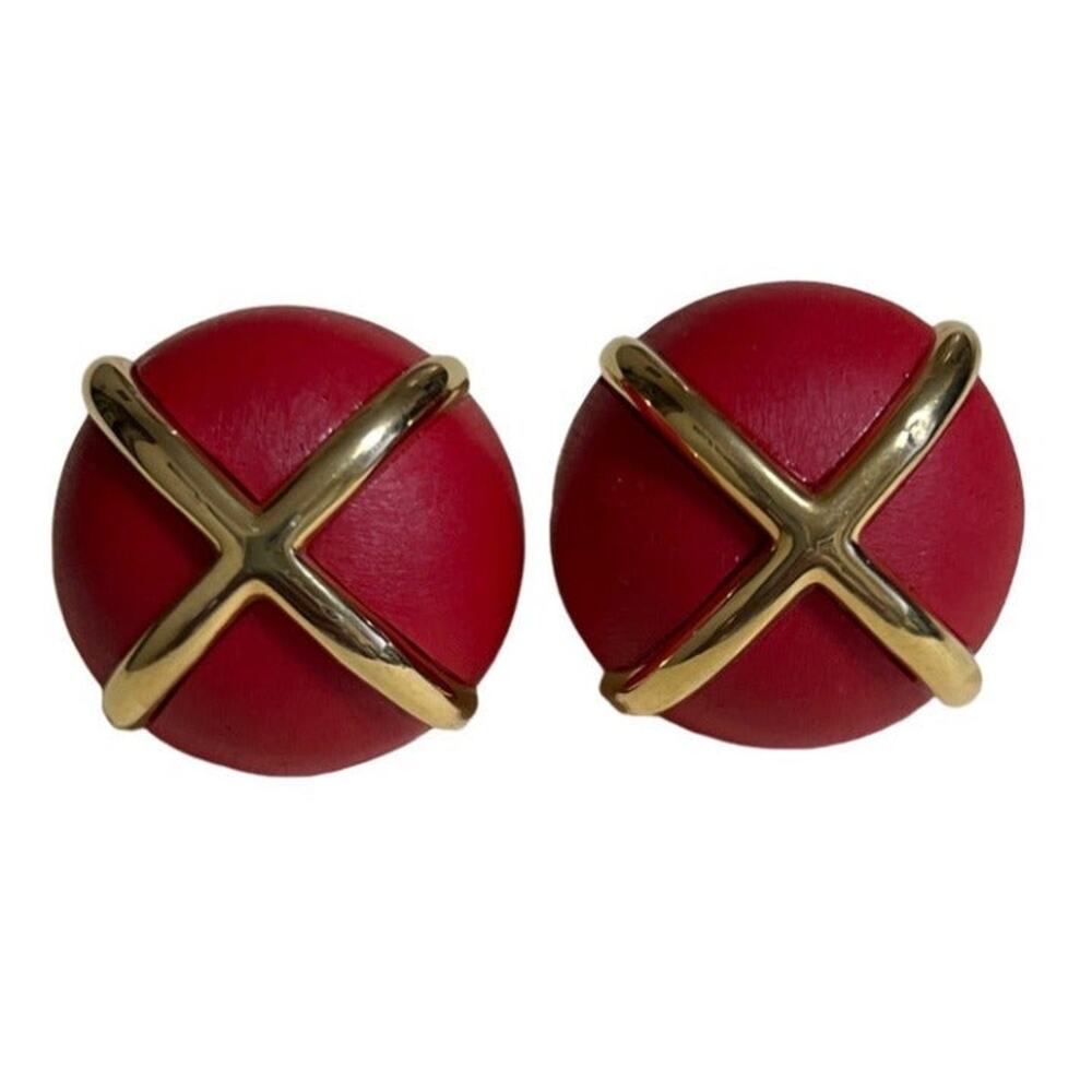 Vintage Les Bernard Burnt Red Hot Cross Red Resin Clip Back Earrings